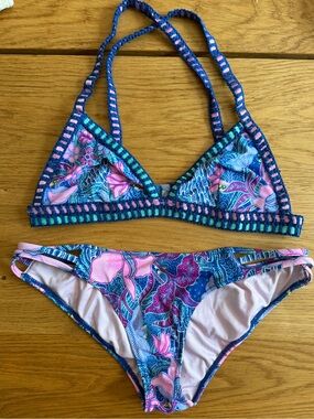 Victoria’s Secret Swim Blue & Pink Floral Crochet-Trim Bikini Set (small)